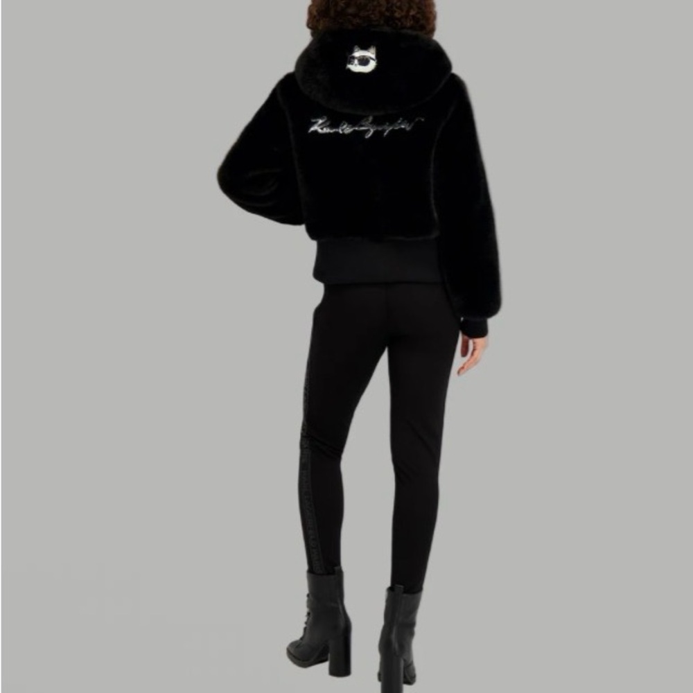 Karl Lagerfeld Faux Fur Logo Patch Bomber Jacket - Picture 16 of 17